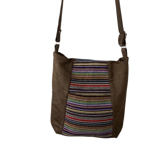 Hilltop of Hope Hobo Crossbody Bag Brown Faux Suede Woven Multicolored Stripes - Picture 11 of 12